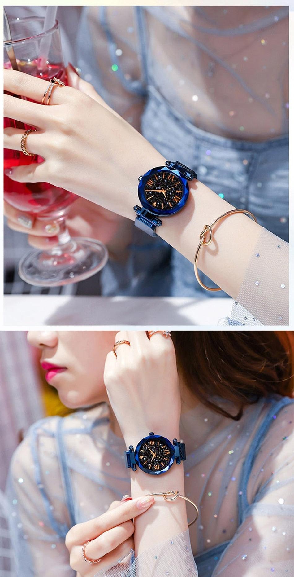 Women's Starry Sky Diamond Quartz Watch ⌚✨ Magnet Buckle Mesh Band | Gold, Purple, Black & Blue 💜💙🖤
