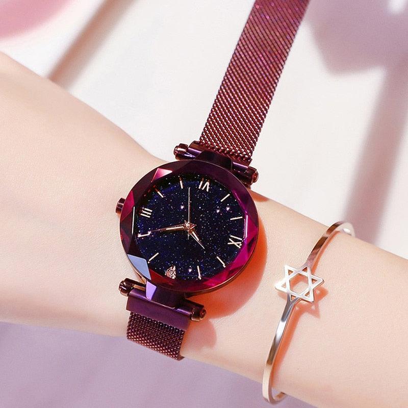 Women's Starry Sky Diamond Quartz Watch ⌚✨ Magnet Buckle Mesh Band | Gold, Purple, Black & Blue 💜💙🖤