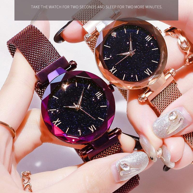 Women's Starry Sky Diamond Quartz Watch ⌚✨ Magnet Buckle Mesh Band | Gold, Purple, Black & Blue 💜💙🖤