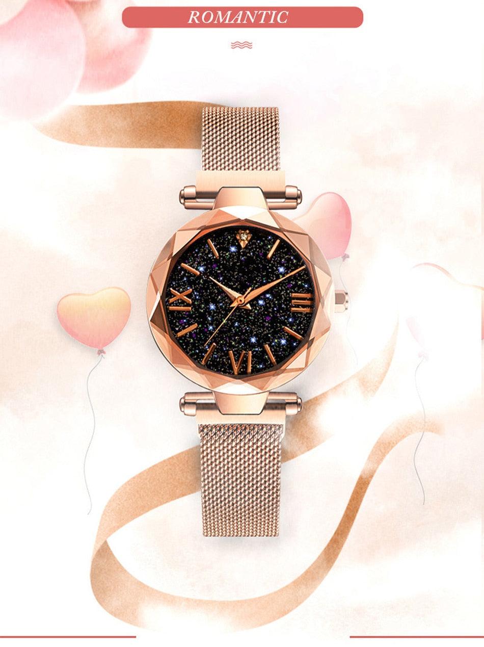 Women's Starry Sky Diamond Quartz Watch ⌚✨ Magnet Buckle Mesh Band | Gold, Purple, Black & Blue 💜💙🖤