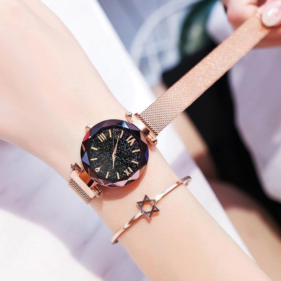 Women's Starry Sky Diamond Quartz Watch ⌚✨ Magnet Buckle Mesh Band | Gold, Purple, Black & Blue 💜💙🖤
