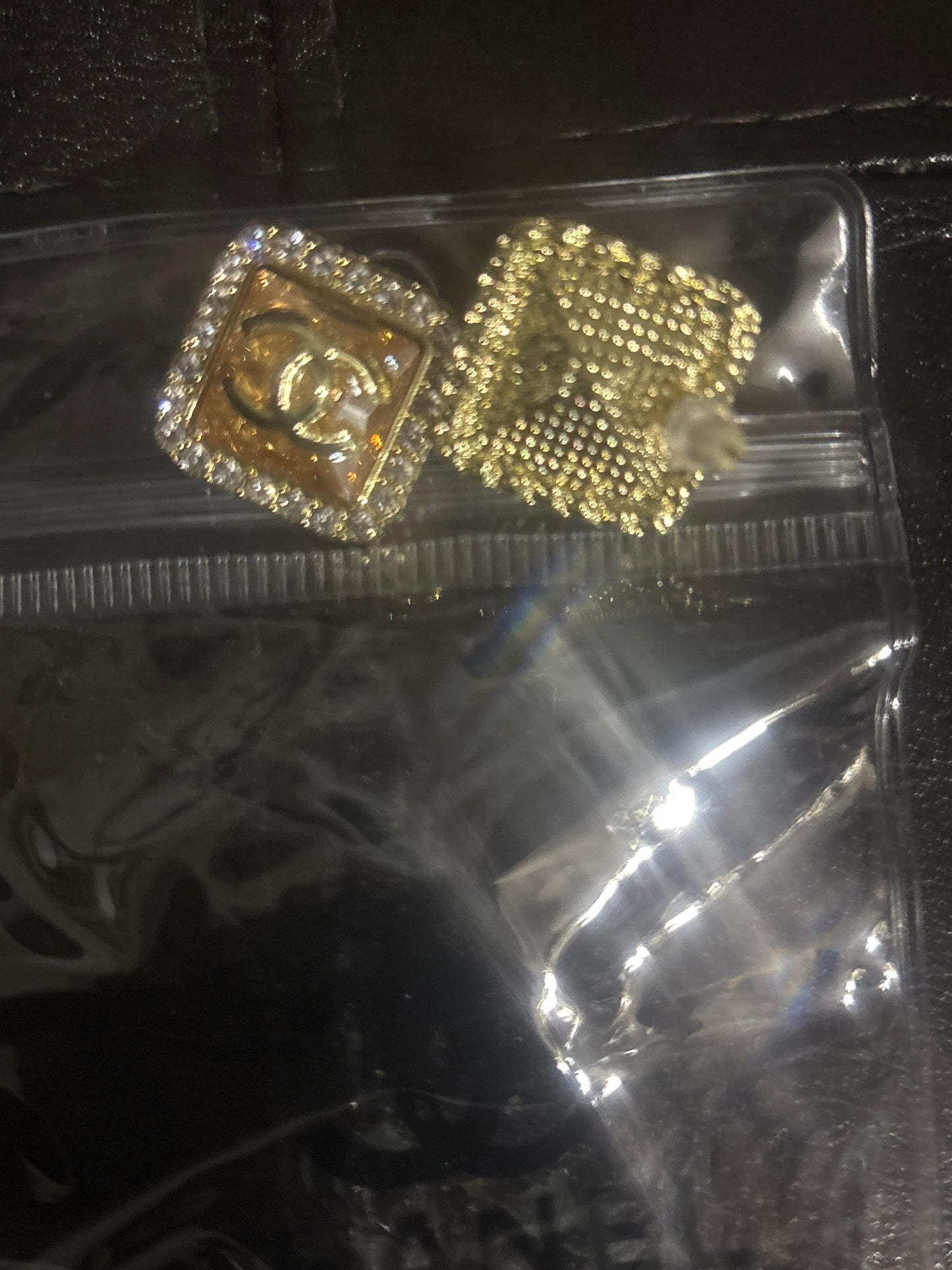 ✨ Clear Crystal CC Logo Square Stud Earrings in Gold — Item #1566